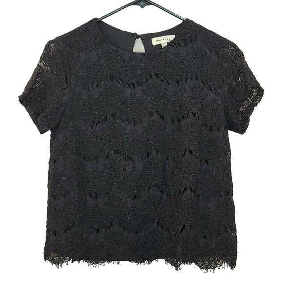 Monteau Tops - Monteau Womens Blouse Top Medium Black Floral Lace Crochet Short Sleeve Casual